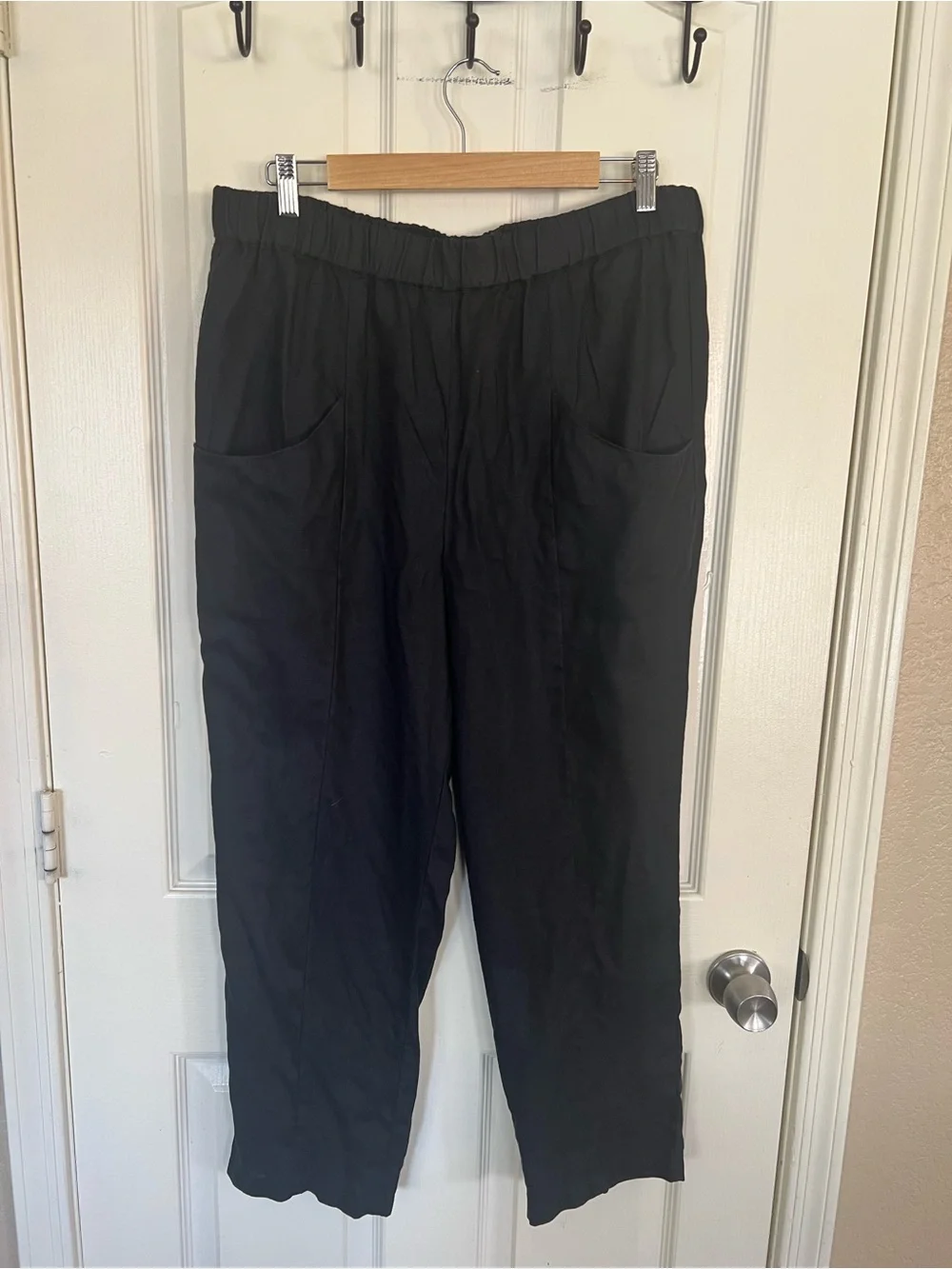 Quince 100% European Linen Pants Black L Elastic Waist Pockets